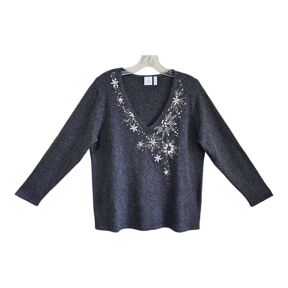 J JILL Women's Petite L PL Sweater V-Neck Beaded Snowflakes Cotton Yak Hair 40"